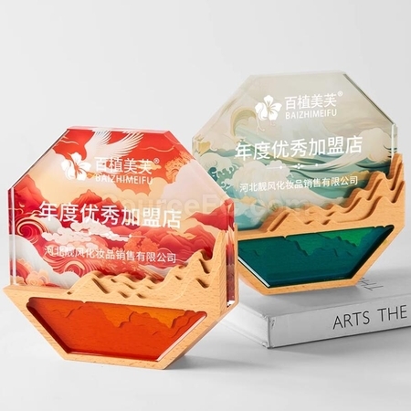 禮品訂造八角形水晶彩印實木獎座紀念品