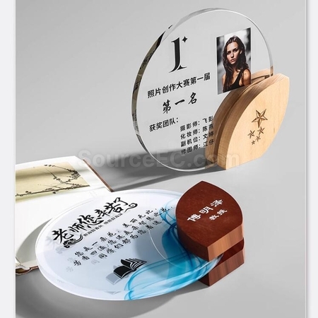 禮品訂造圓形水晶實木葉子獎座紀念品