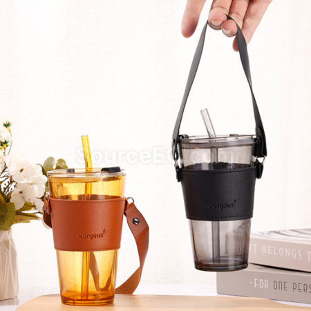 禮品訂造吸管玻璃水杯帶蓋皮套提手紀念品
