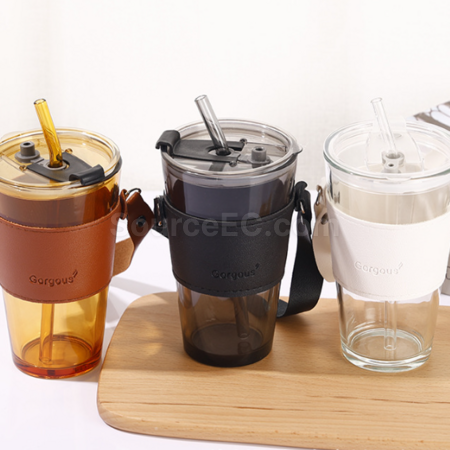 禮品訂造吸管玻璃水杯帶蓋皮套提手紀念品
