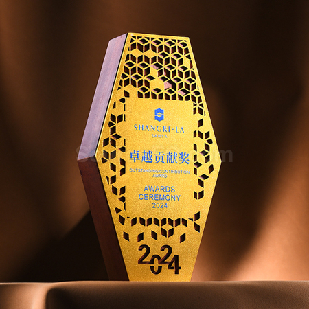 禮品訂造六邊形木質金屬獎座紀念品