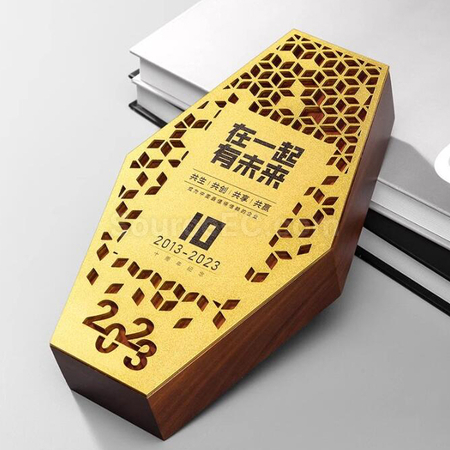 禮品訂造六邊形木質金屬獎座紀念品