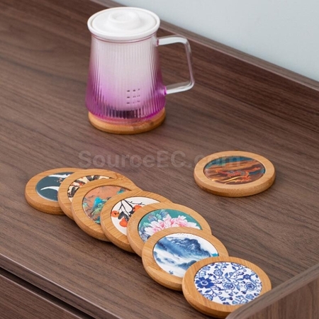 禮品訂造客製化圓形竹製陶瓷復古吸水杯墊紀念品
