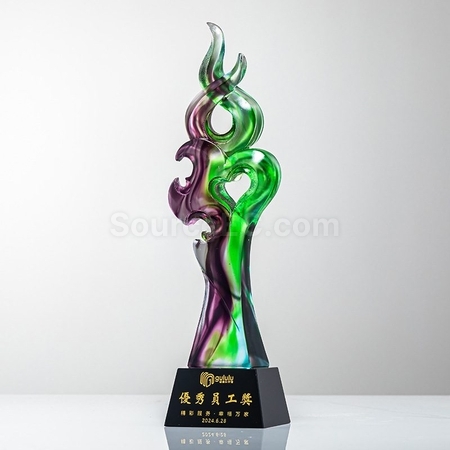 禮品訂造綠紫炫彩琉璃水晶獎杯紀念品