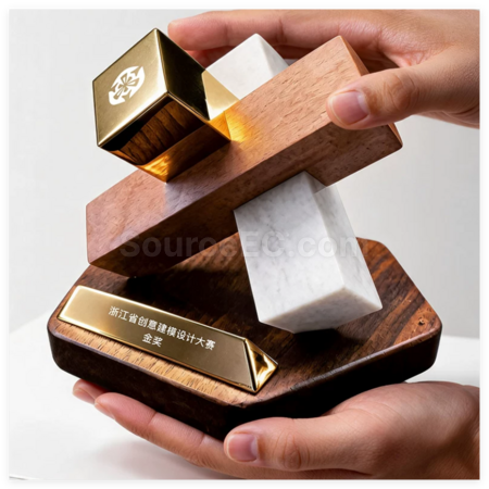 禮品訂造創意幾何木質金屬獎座紀念品