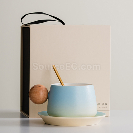 禮品訂造漸變木柄陶瓷咖啡杯禮盒紀念品