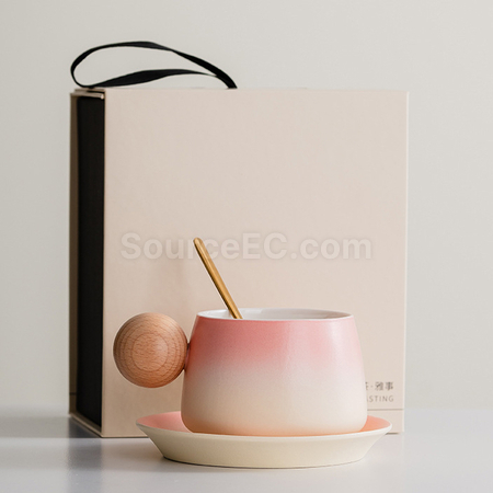 禮品訂造漸變木柄陶瓷咖啡杯禮盒紀念品