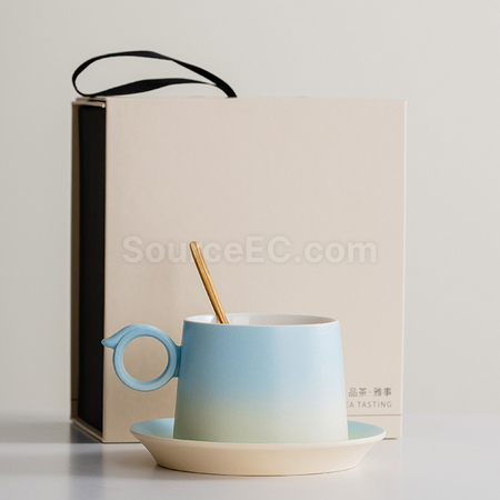 禮品訂造漸變木柄陶瓷咖啡杯禮盒紀念品