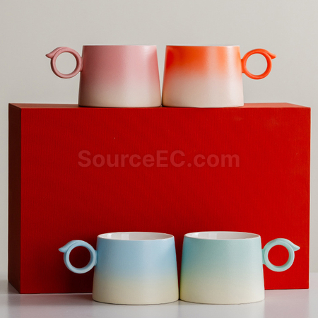 禮品訂造漸變木柄陶瓷咖啡杯禮盒紀念品
