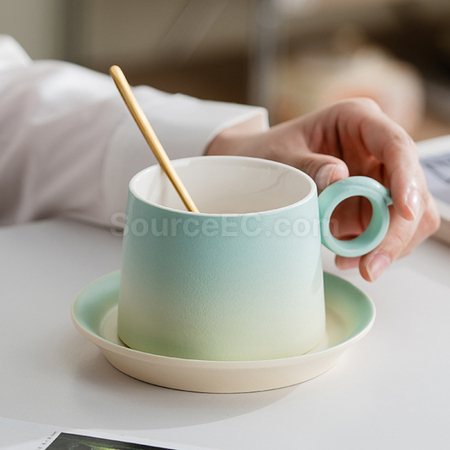 禮品訂造漸變木柄陶瓷咖啡杯禮盒紀念品
