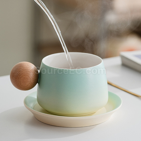 禮品訂造漸變木柄陶瓷咖啡杯禮盒紀念品