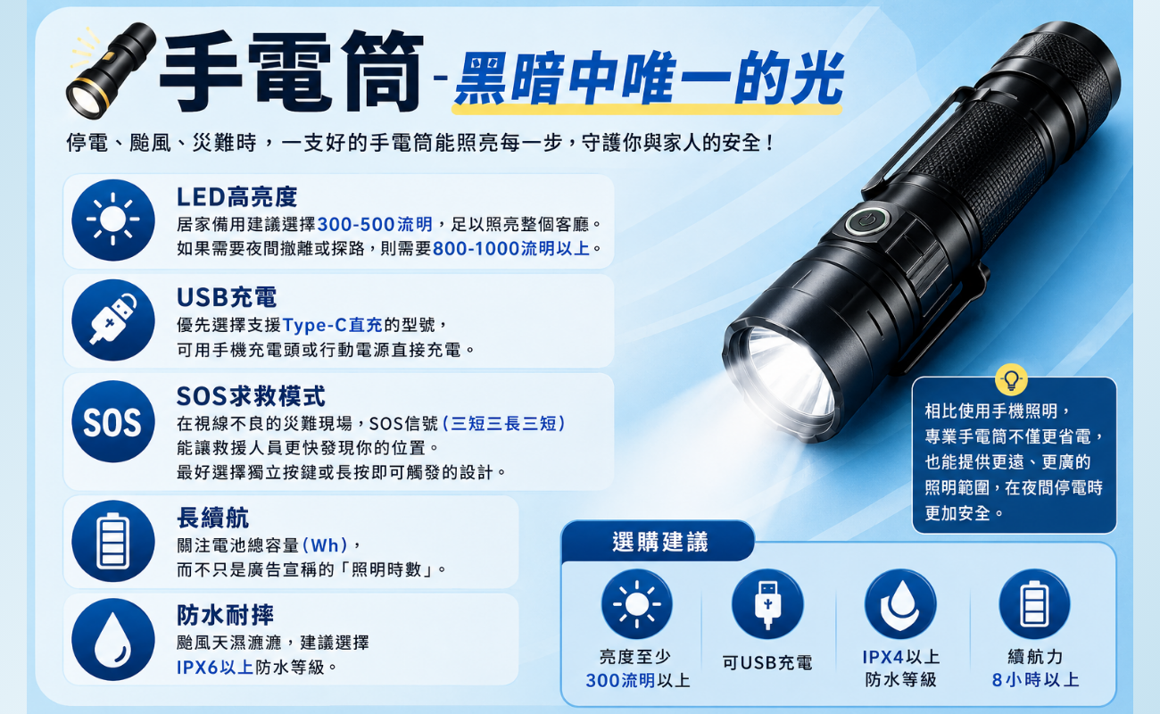 颱風天準備什麼、颱風物資、防颱物資、防災包、手電筒推薦、行動電源推薦、防水背包、防災用品、停電準備、停水準備