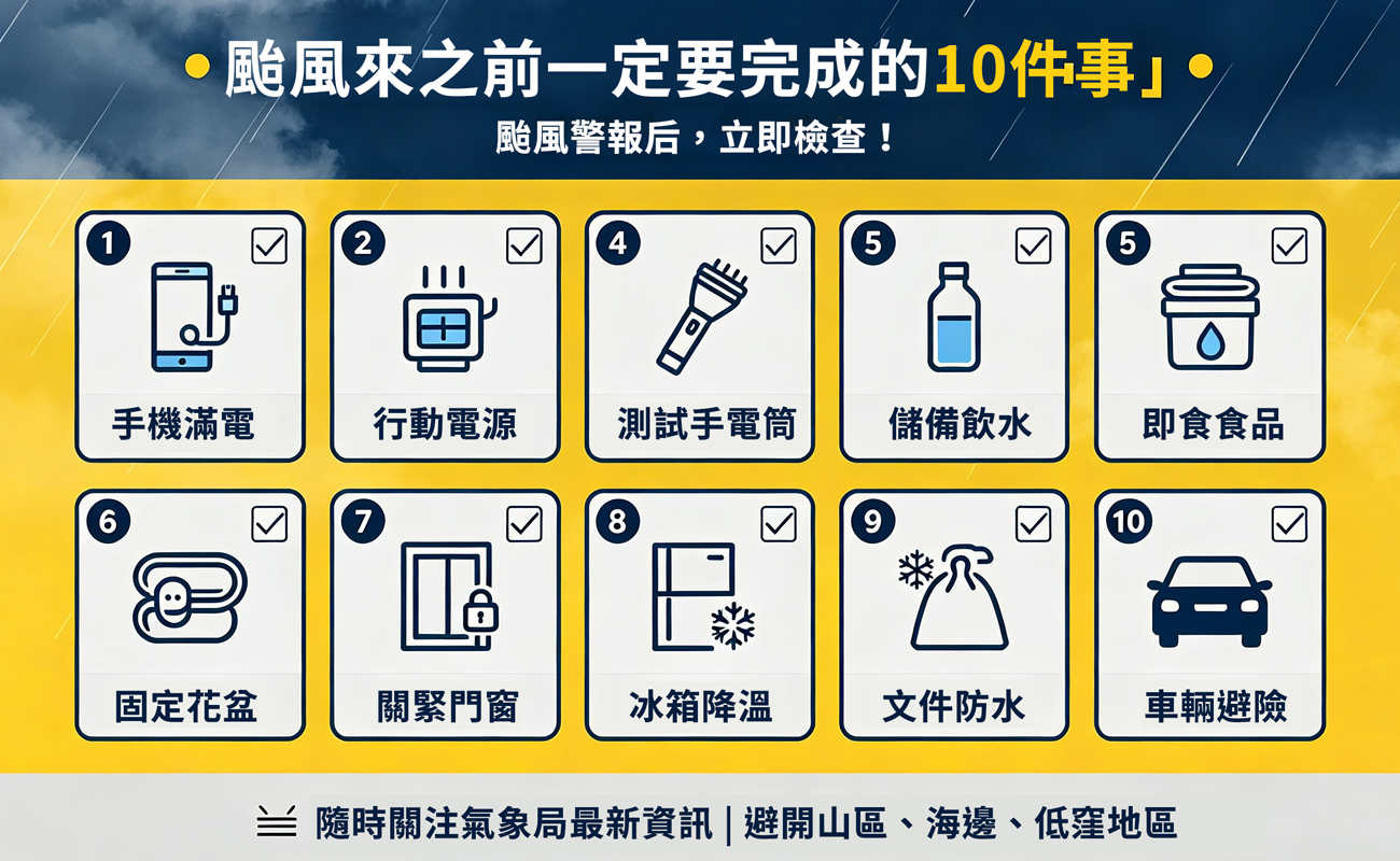 颱風天準備什麼、颱風物資、防颱物資、防災包、手電筒推薦、行動電源推薦、防水背包、防災用品、停電準備、停水準備